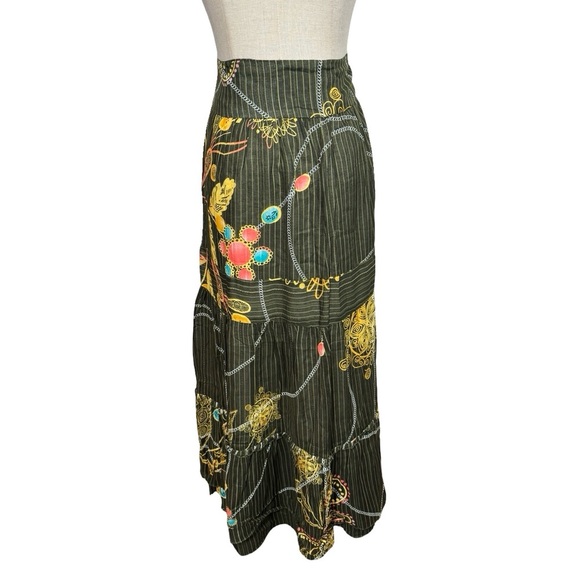 FARM Rio Olive Green Floral Tiered Midi Skirt with Yellow Embroidery - Picture 4 of 9